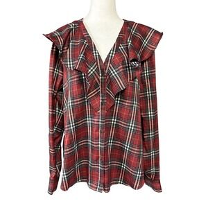 Tuckernuck Blouse Womens XL Red Plaid Ruffle V Neck Button Front Long Sleeve